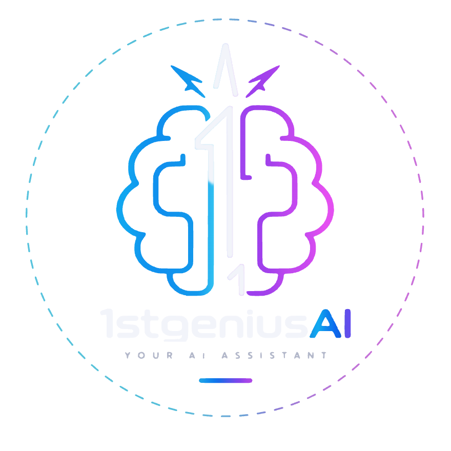 Emblema da 1stgeniusAI: cérebro em neon azul e magenta com o número 1 no centro, dentro de um anel tracejado